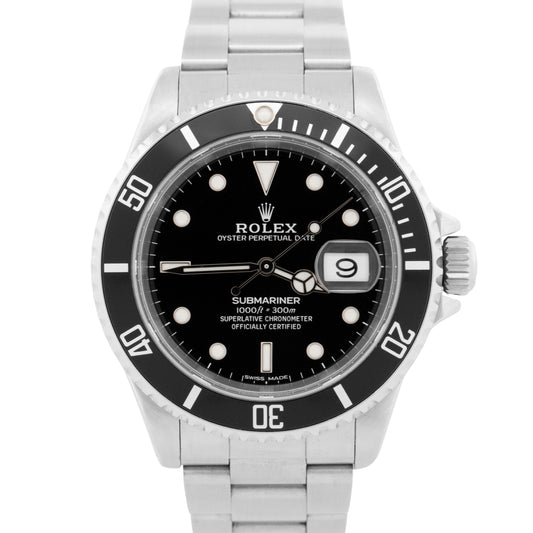 PAPERS Rolex Submariner Date BLACK Steel No-Holes 40mm 16610 LN Watch BOX