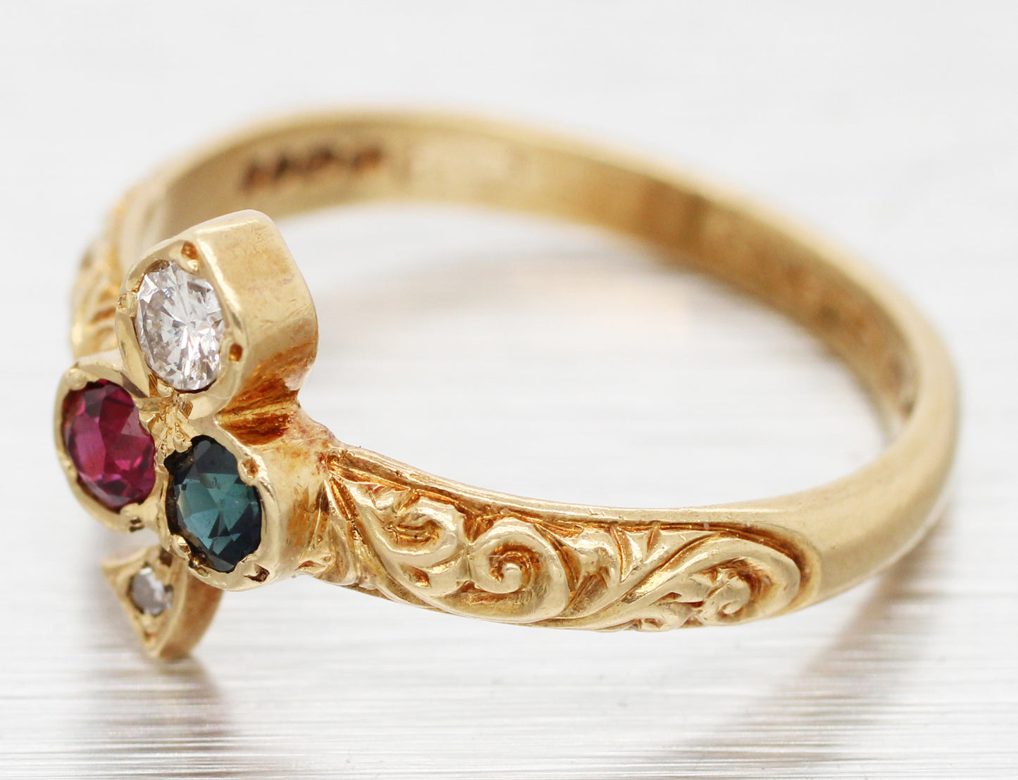 Antique Art Deco Diamond Ruby & Sapphire Club Clover Ring - 14k Yellow Gold Band