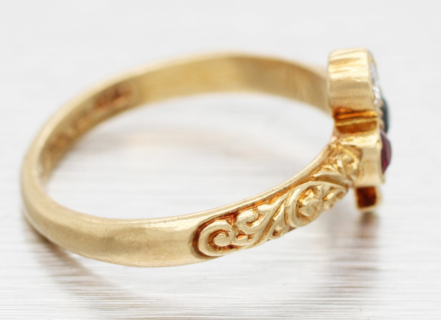 Antique Art Deco Diamond Ruby & Sapphire Club Clover Ring - 14k Yellow Gold Band