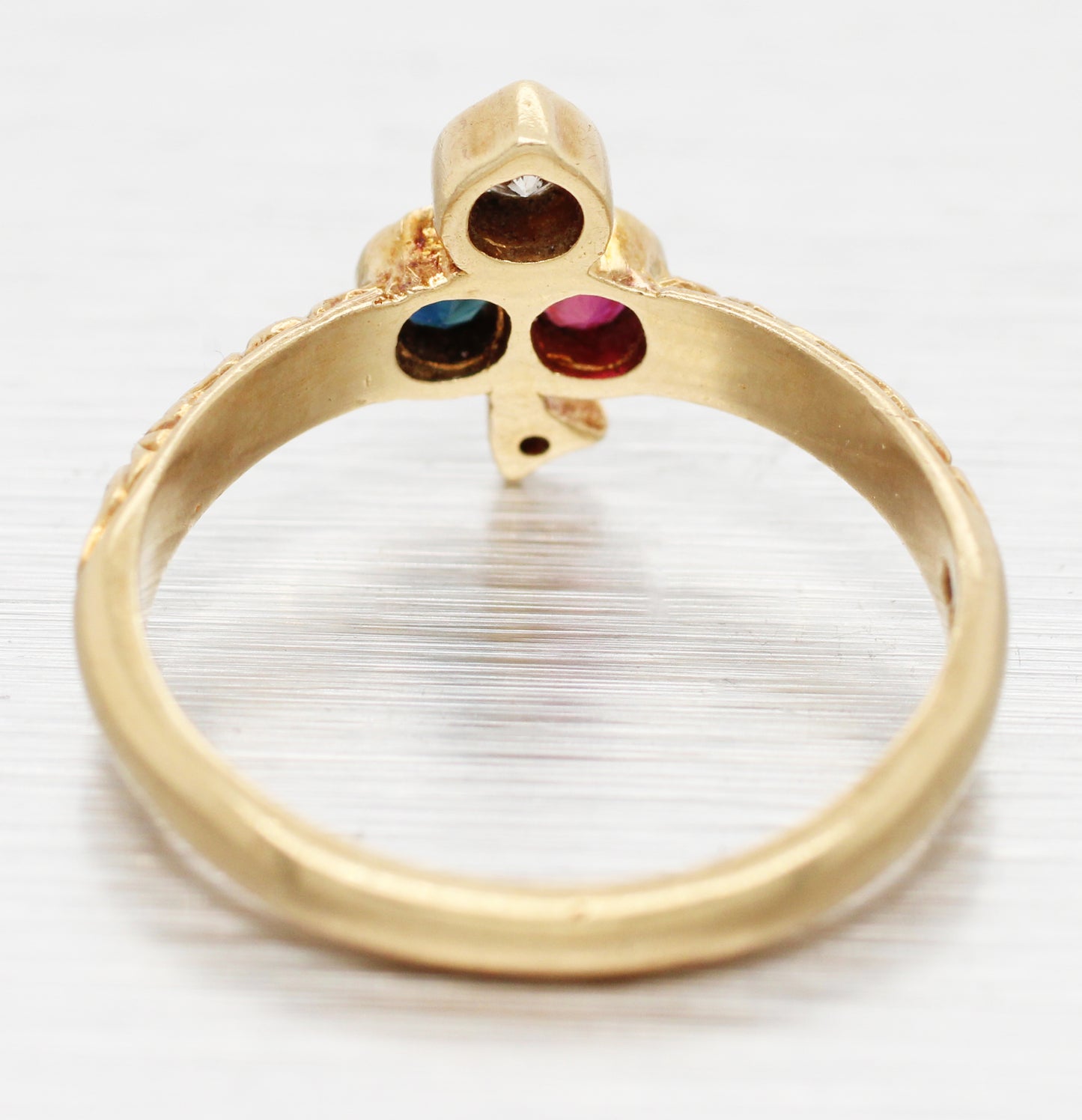 Antique Art Deco Diamond Ruby & Sapphire Club Clover Ring - 14k Yellow Gold Band