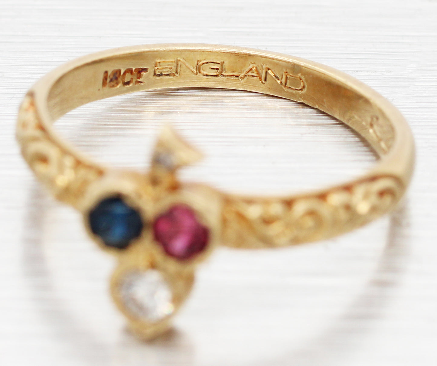 Antique Art Deco Diamond Ruby & Sapphire Club Clover Ring - 14k Yellow Gold Band