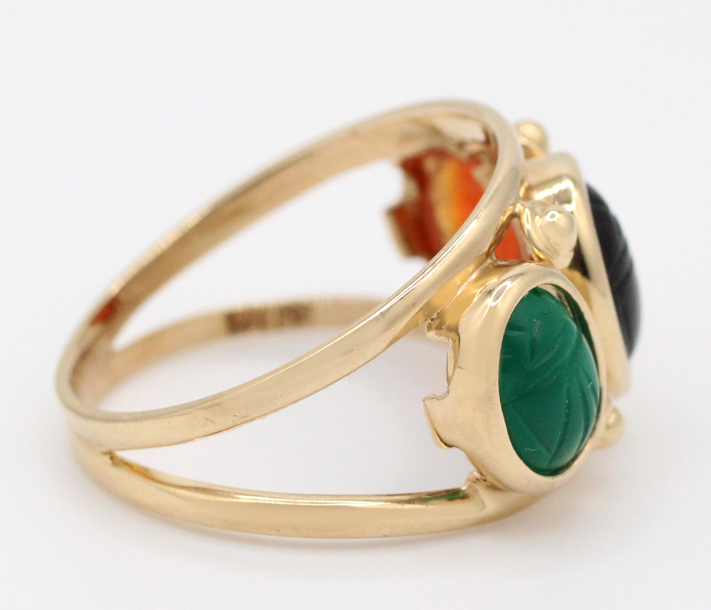 Vintage Multicolor Scarab Band Ring - 14k Yellow Gold Onyx & Carnelian 3 Stones