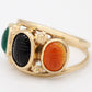 Vintage Multicolor Scarab Band Ring - 14k Yellow Gold Onyx & Carnelian 3 Stones