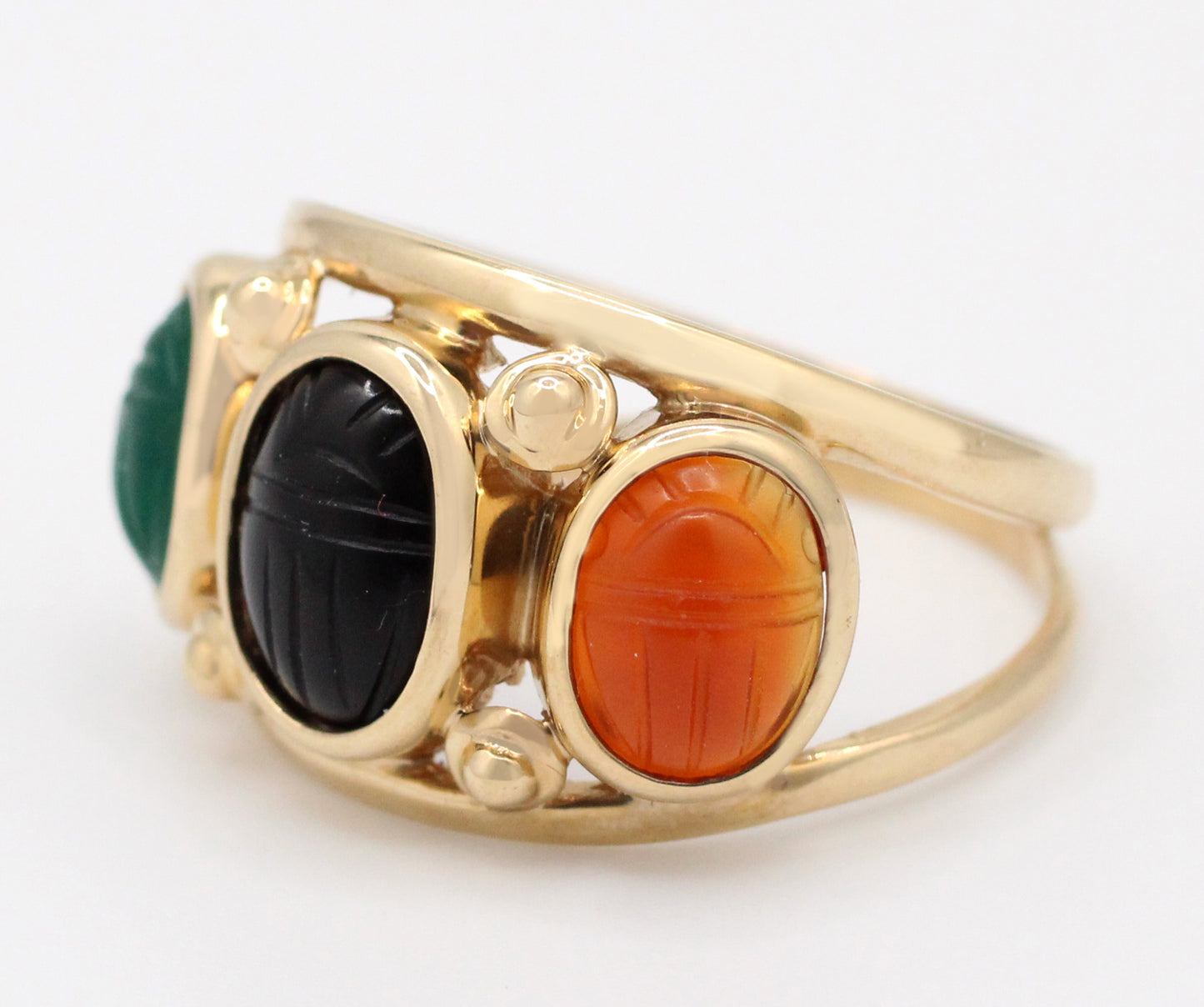 Vintage Multicolor Scarab Band Ring - 14k Yellow Gold Onyx & Carnelian 3 Stones