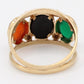 Vintage Multicolor Scarab Band Ring - 14k Yellow Gold Onyx & Carnelian 3 Stones