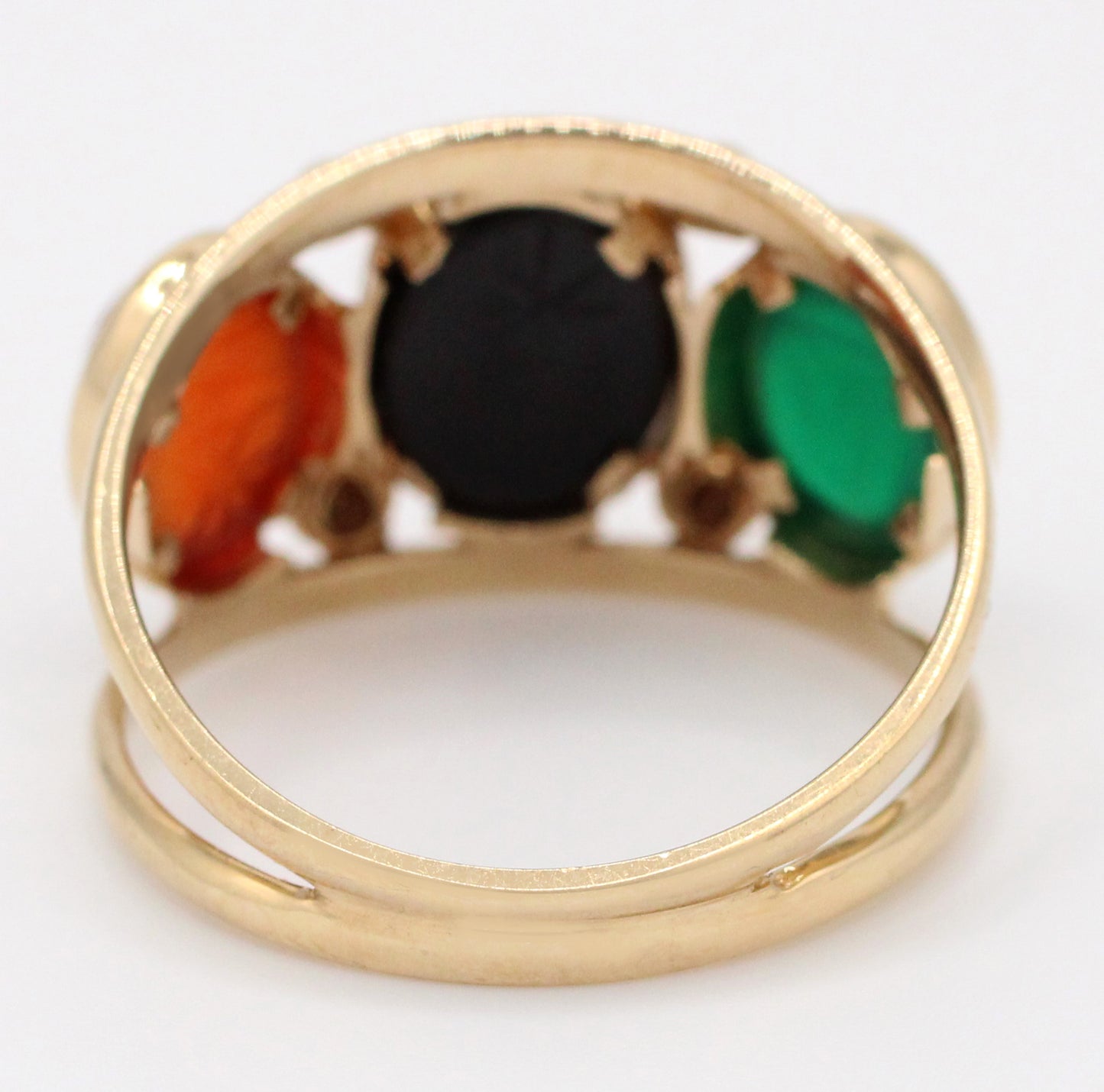 Vintage Multicolor Scarab Band Ring - 14k Yellow Gold Onyx & Carnelian 3 Stones