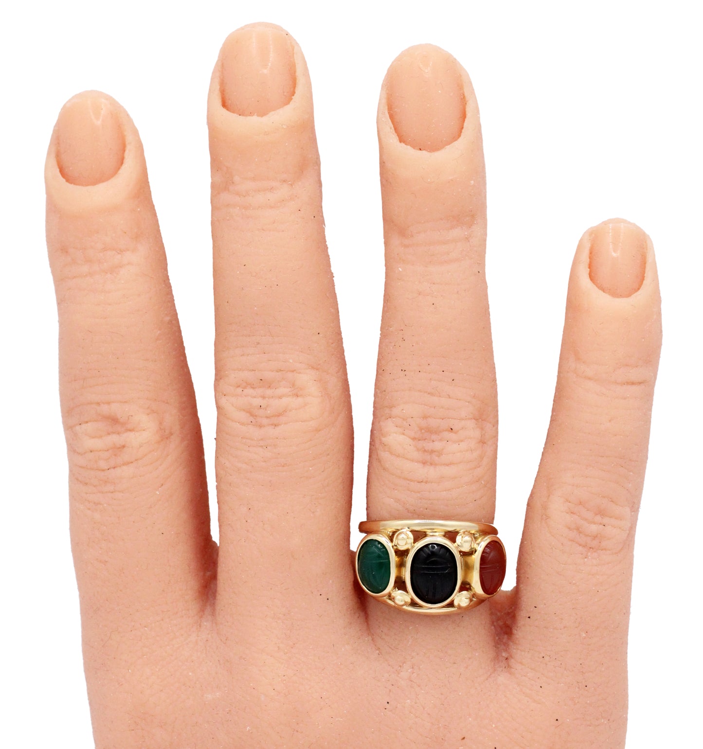 Vintage Multicolor Scarab Band Ring - 14k Yellow Gold Onyx & Carnelian 3 Stones