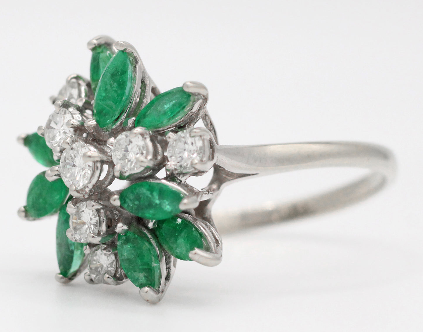 Vintage 0.50ctw Emerald & Diamond Floral Cocktail Ring - 14k White Gold