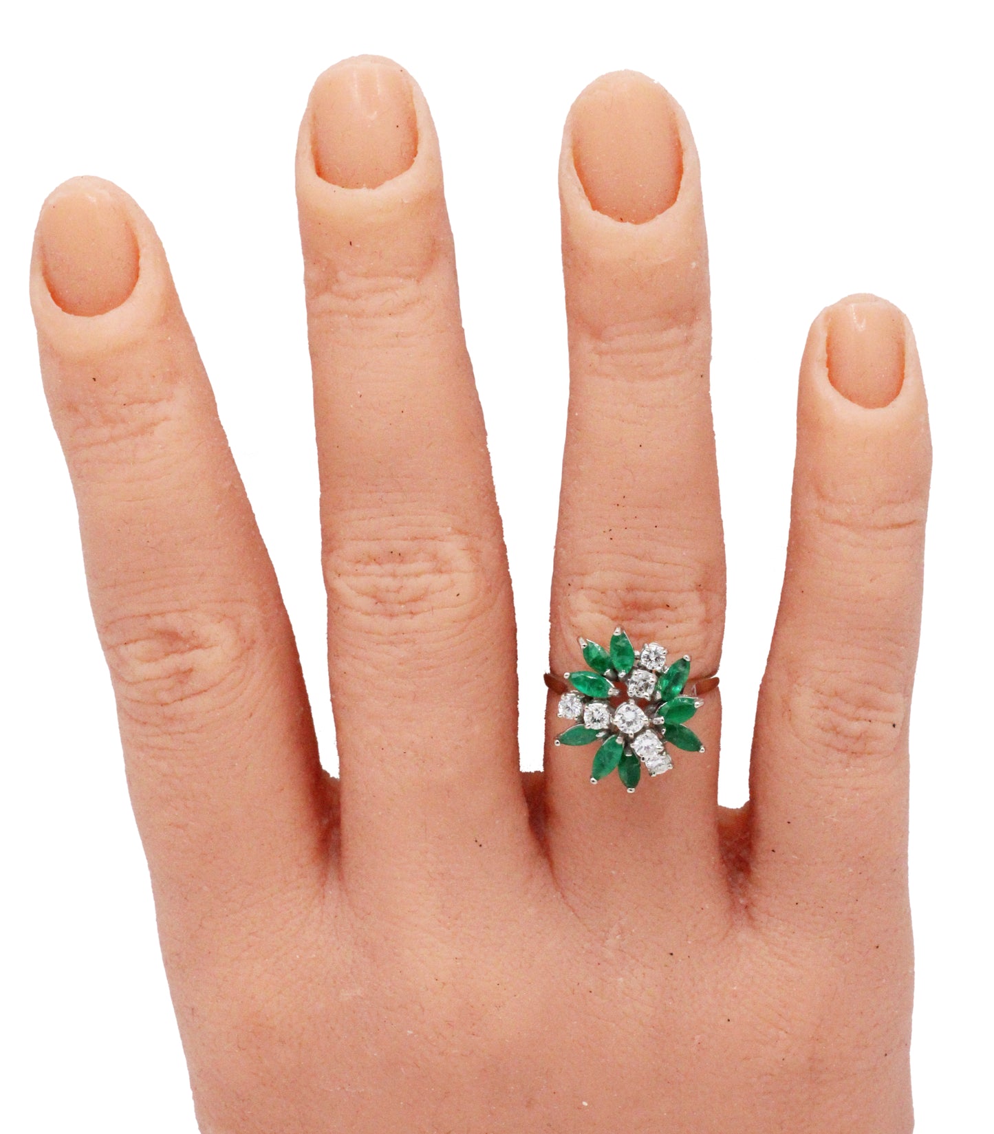 Vintage 0.50ctw Emerald & Diamond Floral Cocktail Ring - 14k White Gold
