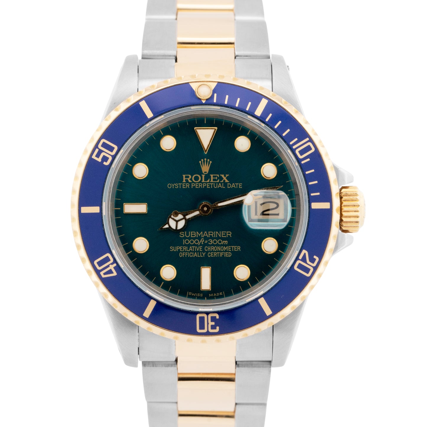 Rolex Submariner Date Teal BLUE 18K Yellow Gold Stainless Steel 40mm Watch 16803
