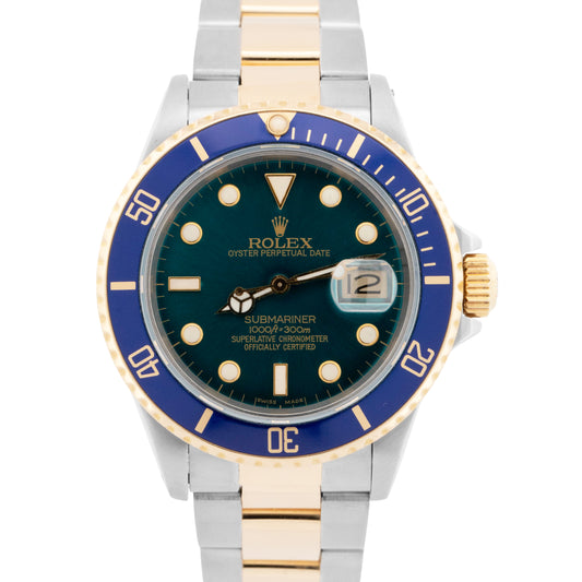 Rolex Submariner Date Teal BLUE 18K Yellow Gold Stainless Steel 40mm Watch 16803