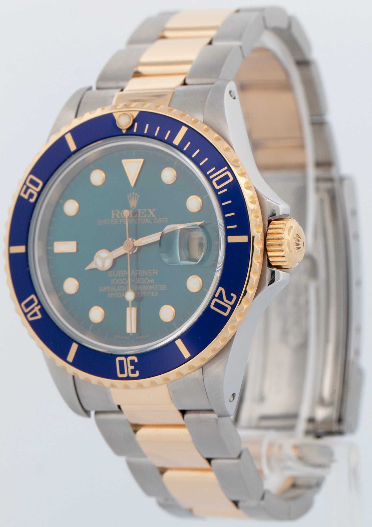 Rolex Submariner Date Teal BLUE 18K Yellow Gold Stainless Steel 40mm Watch 16803