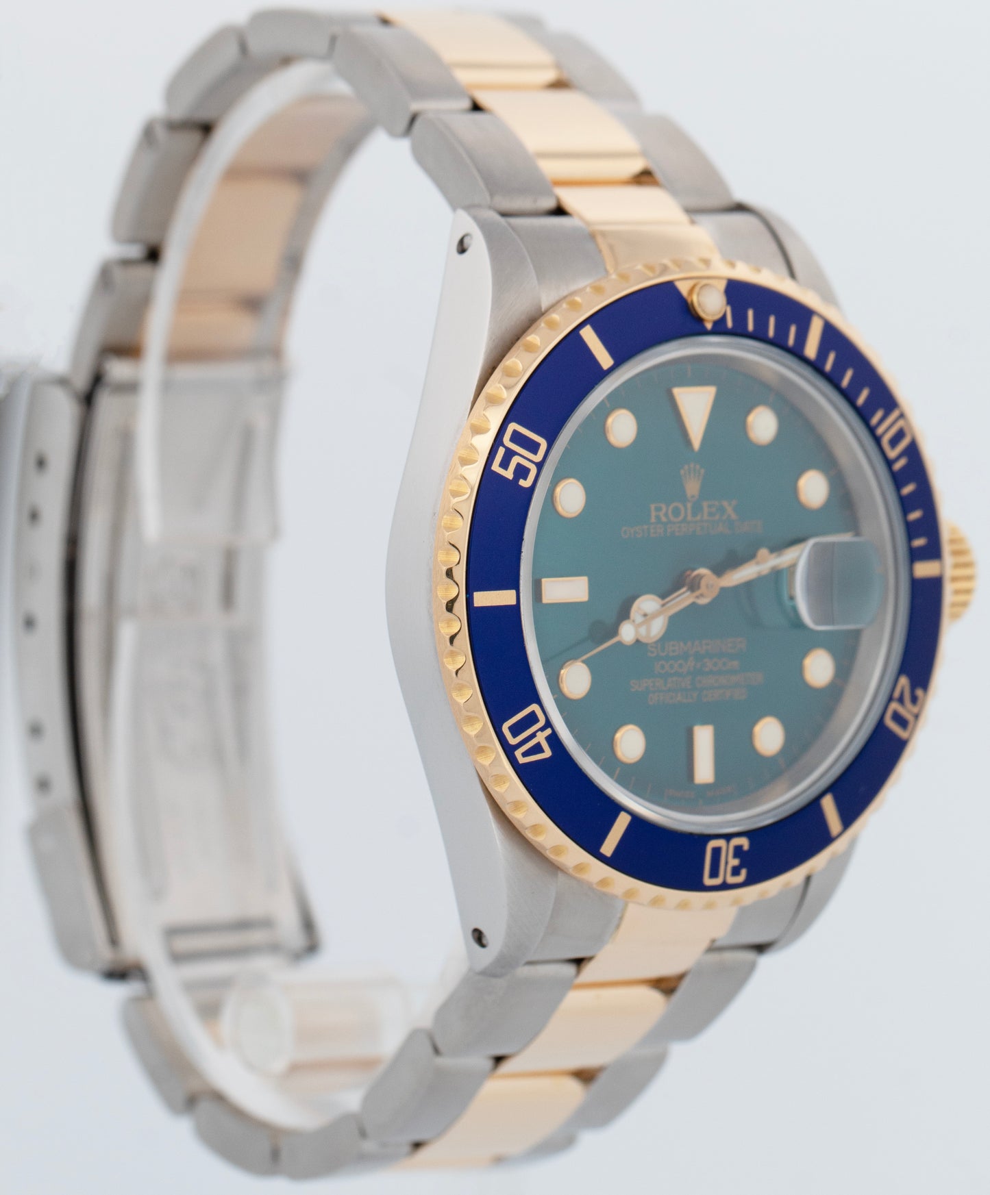 Rolex Submariner Date Teal BLUE 18K Yellow Gold Stainless Steel 40mm Watch 16803