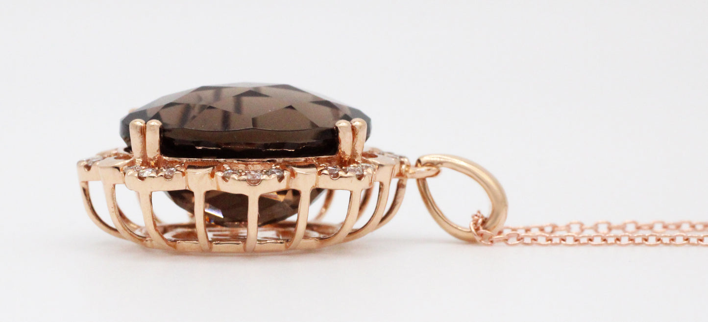 Le Vian Smoky Quartz Brown Oval Pendant - 14k Rose Gold Necklace - 18" w/ Pouch