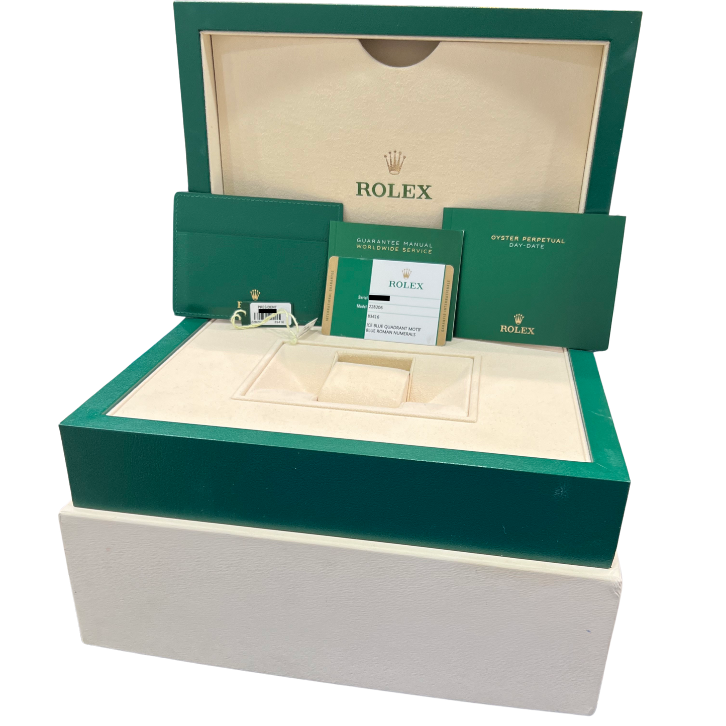 PAPERS Rolex Day-Date President 40mm Platinum Blue Quadrant Glacier 228206 BOX