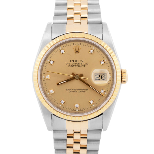 Rolex DateJust 36mm FACTORY DIAMOND Champagne Two-Tone 18K Gold Watch 16233
