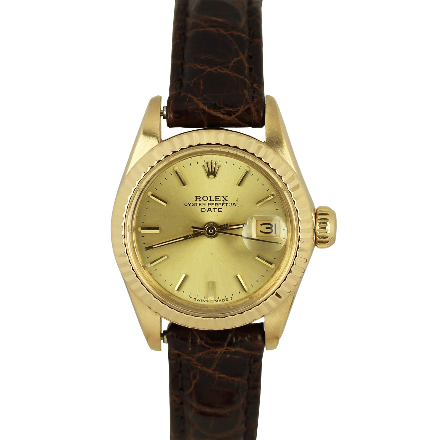 Vintage Rolex Date 18k Yellow Gold Champagne 26mm Brown Leather 6917 Watch