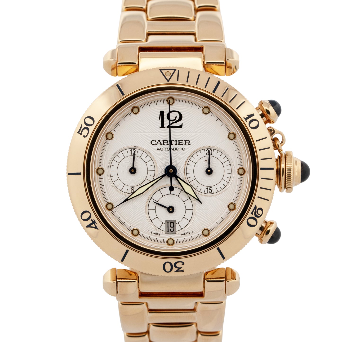 PAPERS Cartier Pasha 18K Yellow Gold Chronograph 38mm Watch 2111 W30140D1 BOX