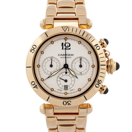 PAPERS Cartier Pasha 18K Yellow Gold Chronograph 38mm Watch 2111 W30140D1 BOX