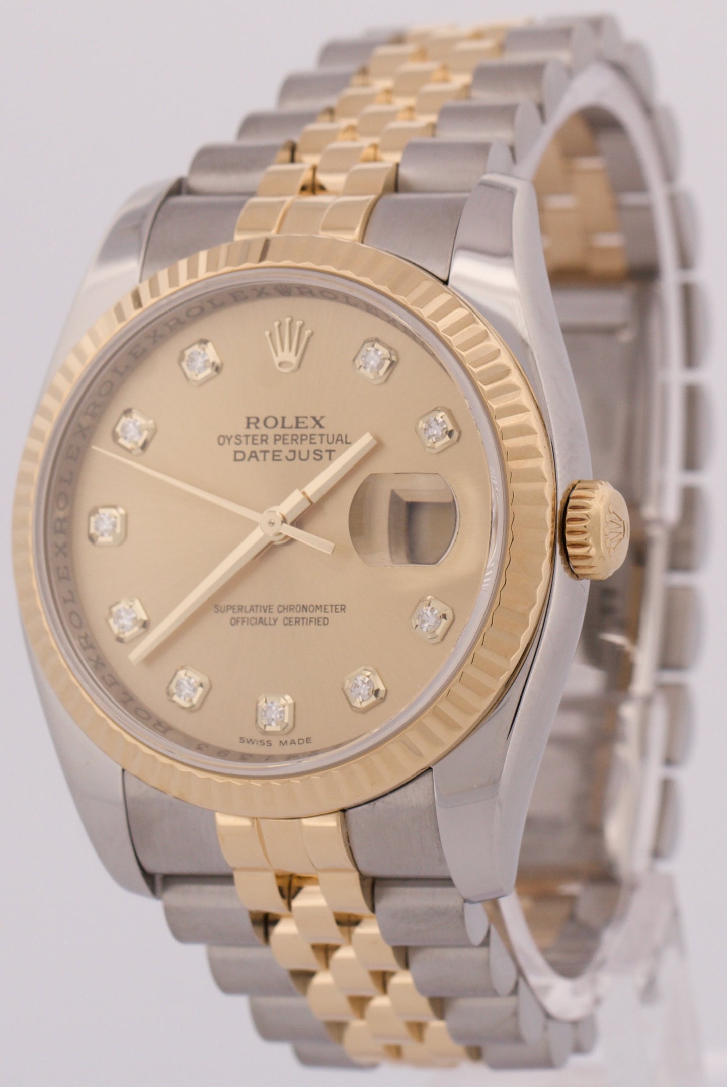 MINT PAPERS Rolex DateJust 36mm CHAMPAGNE DIAMOND 18K Gold JUBILEE 116233 BOX