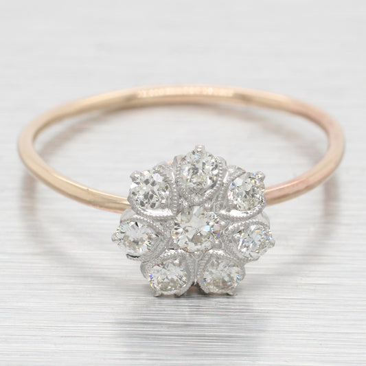 Antique Art Deco 0.25ctw Diamond Flower Ring - 14k Yellow Gold Pin Conversion