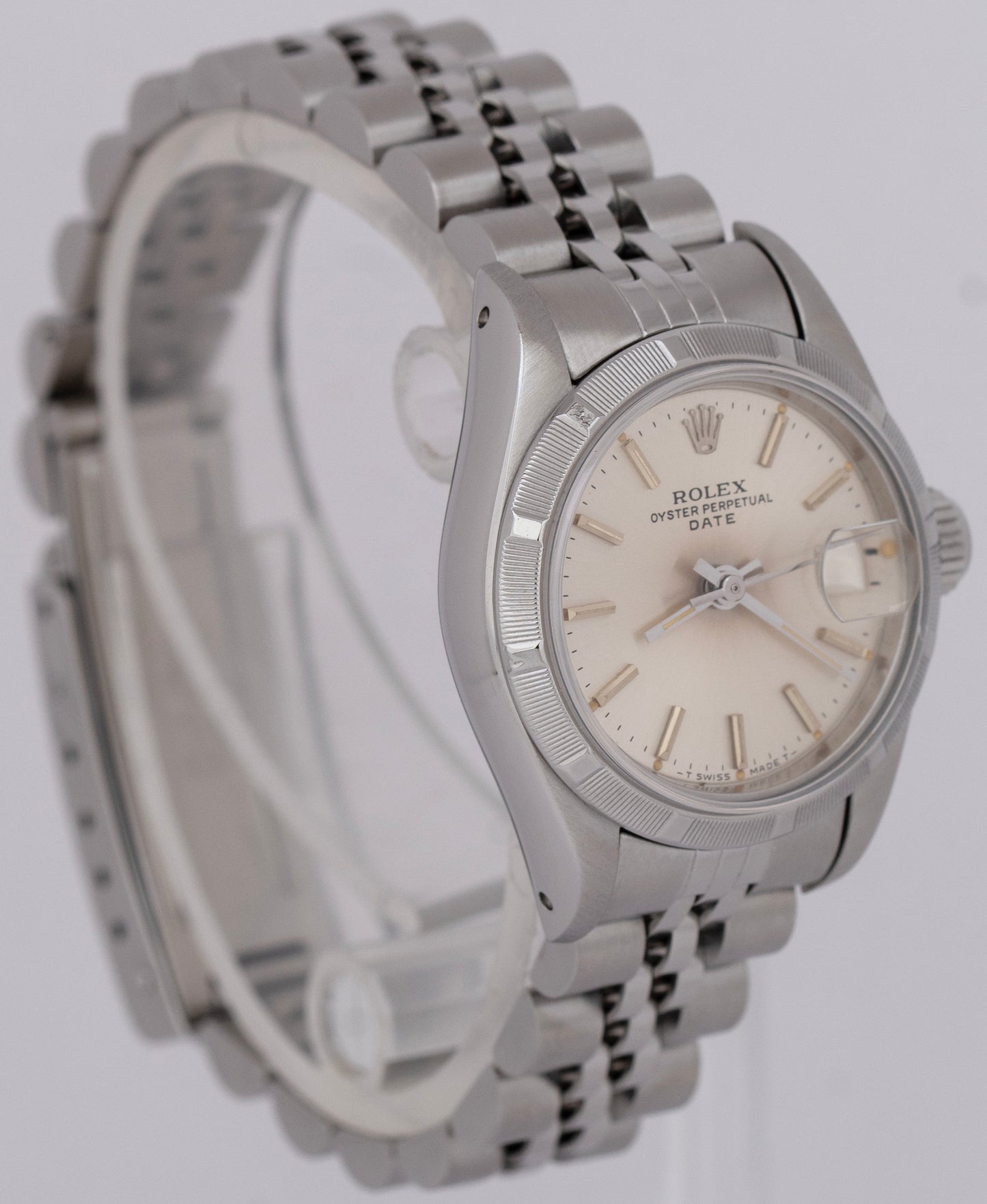 Ladies Rolex Oyster Perpetual Date Silver 26mm Engine-Turned Steel Watch 69190