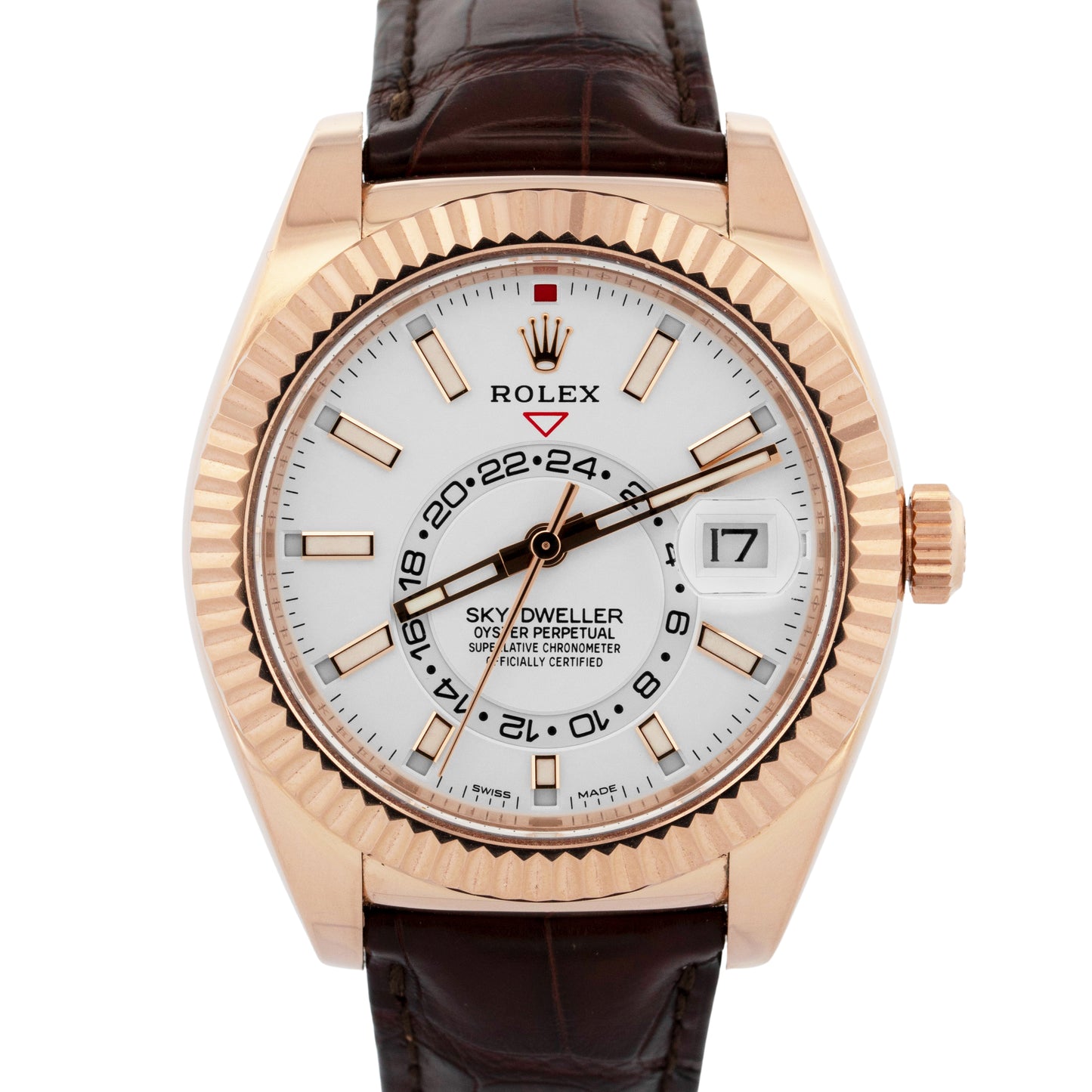 PAPERS Rolex Sky-Dweller White 42mm 18K Rose Gold Fluted Date Watch 326135 BOX