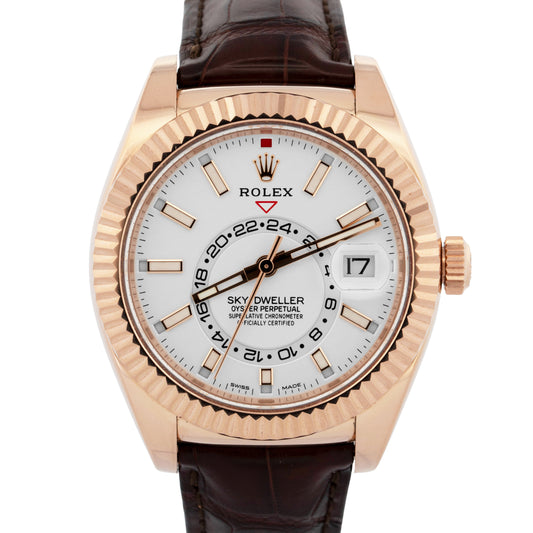 PAPERS Rolex Sky-Dweller White 42mm 18K Rose Gold Fluted Date Watch 326135 BOX