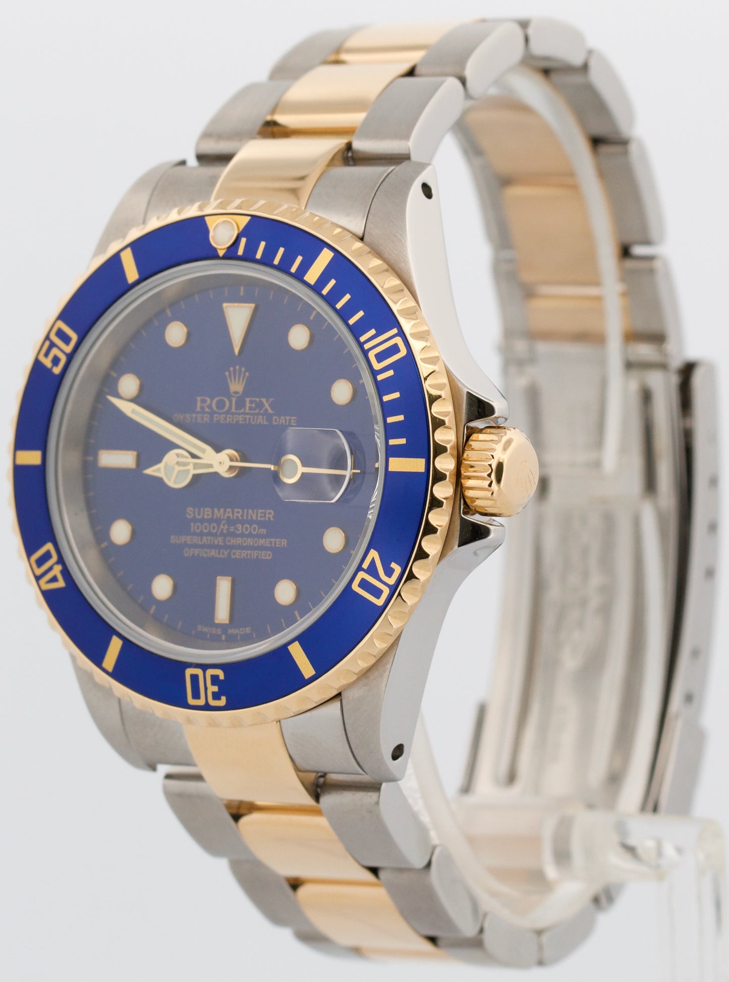 PAPERS Rolex Submariner Date 40mm BLUE 18K Steel GOLD BUCKLE Watch 16613 BOX