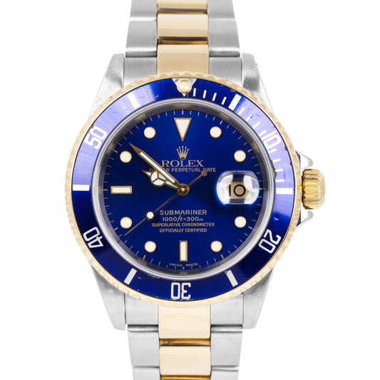 Rolex Submariner Date 40mm Blue Two-Tone 18K Yellow Gold Steel 16613 Watch BOX