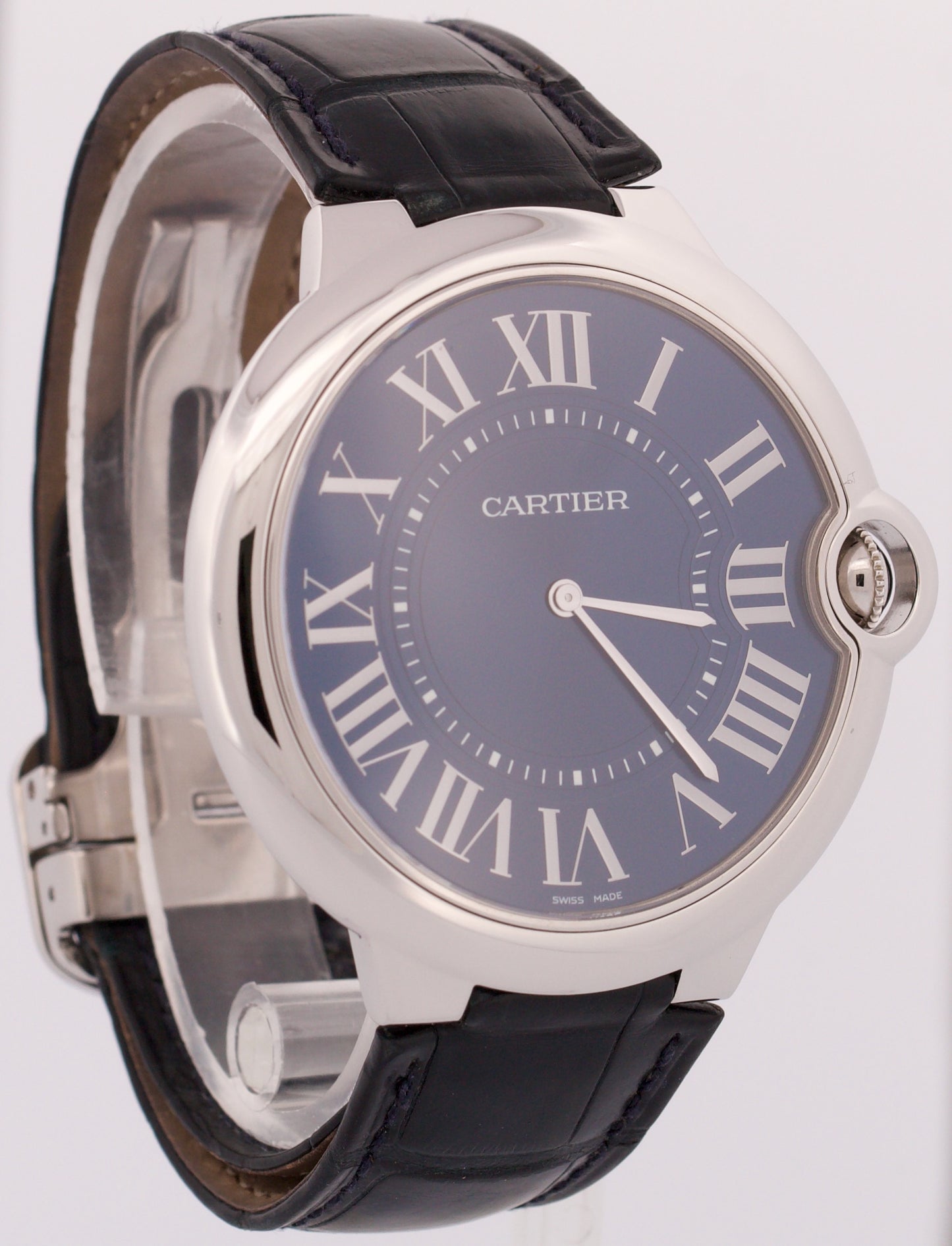 Cartier Ballon Bleu XL 46mm PLATINUM Roman BLUE Leather Automatic Watch 3377