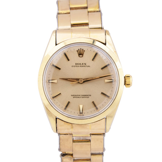 Rolex Oyster Perpetual 34mm Gold Shell Cap Champagne Automatic Watch 1024