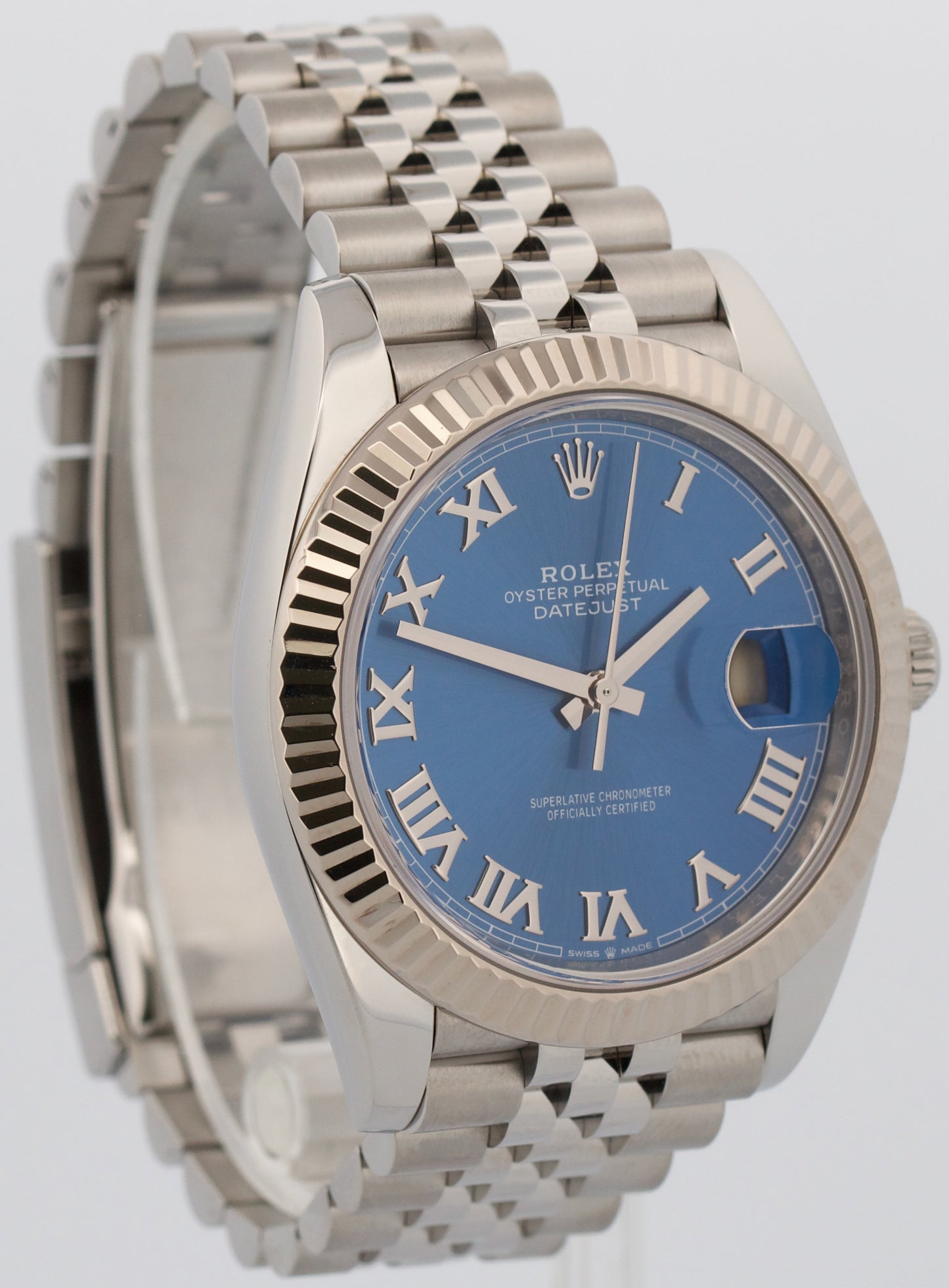 2023 PAPERS Rolex DateJust 41mm AZZURRO BLUE ROMAN 18K Steel JUBILEE 126334 BOX