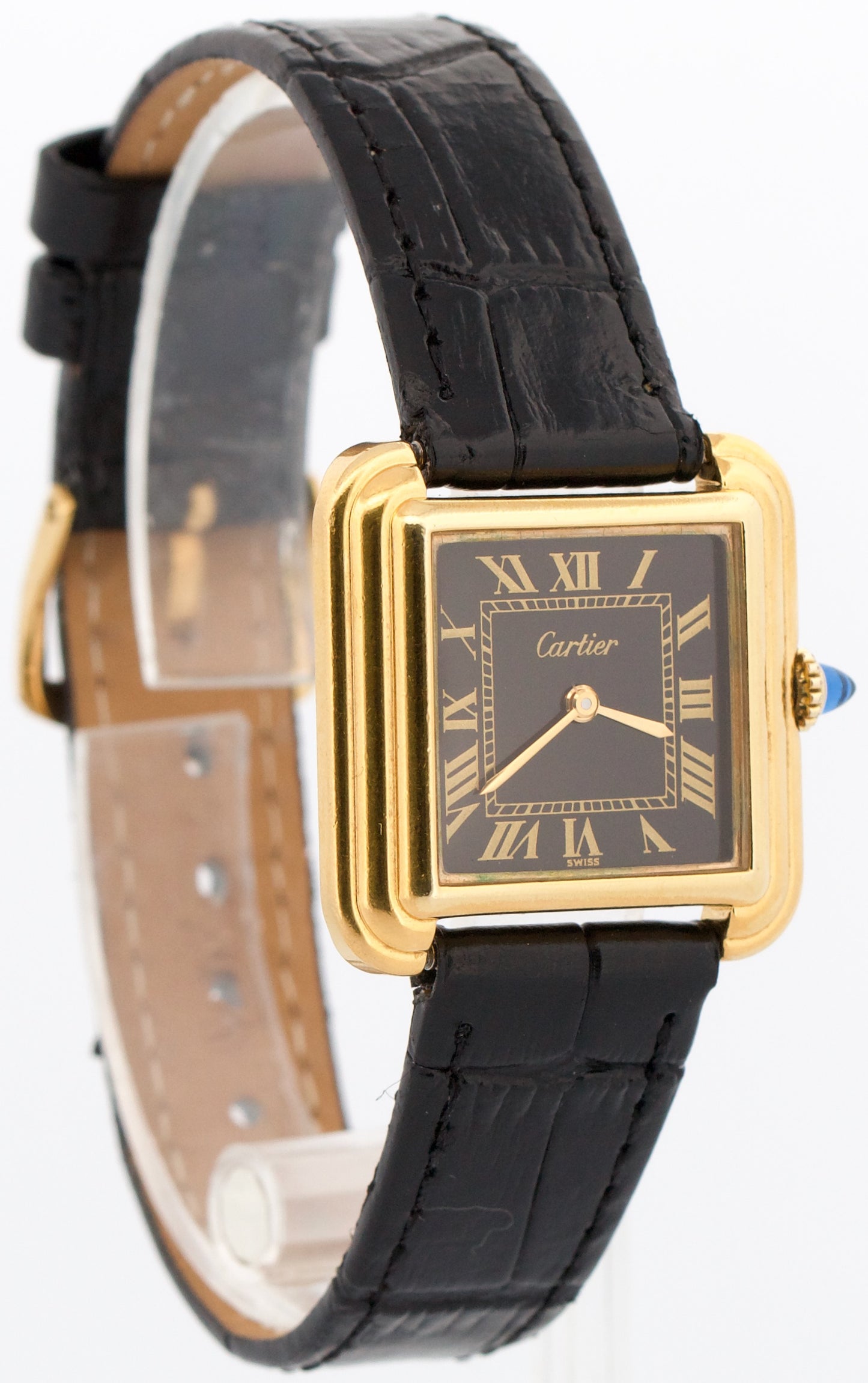 Cartier Stepped Tank BLACK ROMAN Manual 18K Gold Filled Leather 27.5mm 25716