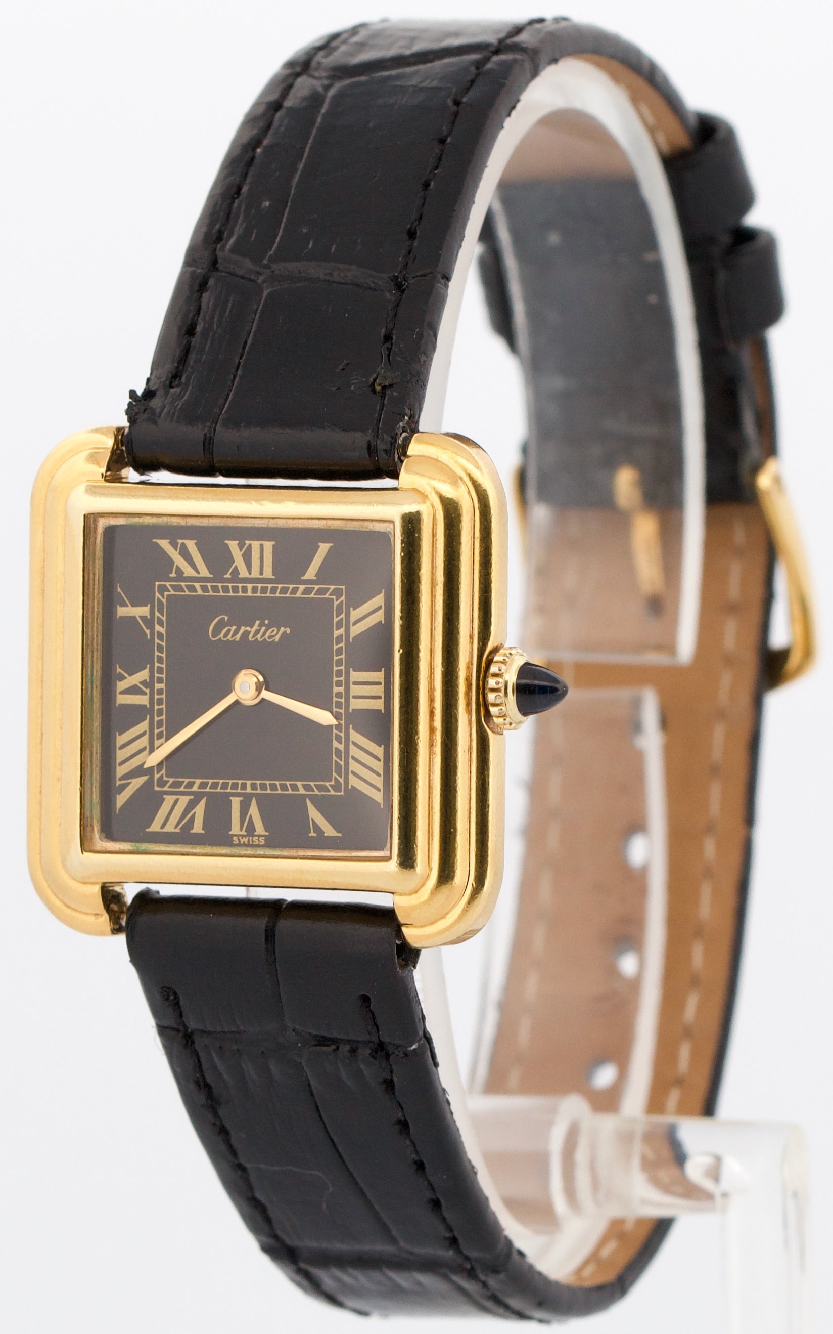 Cartier Stepped Tank BLACK ROMAN Manual 18K Gold Filled Leather