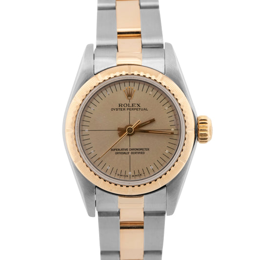 PAPERS Rolex Oyster Perpetual 24mm Two-Tone Champagne 18K Gold Watch 67243 BOX