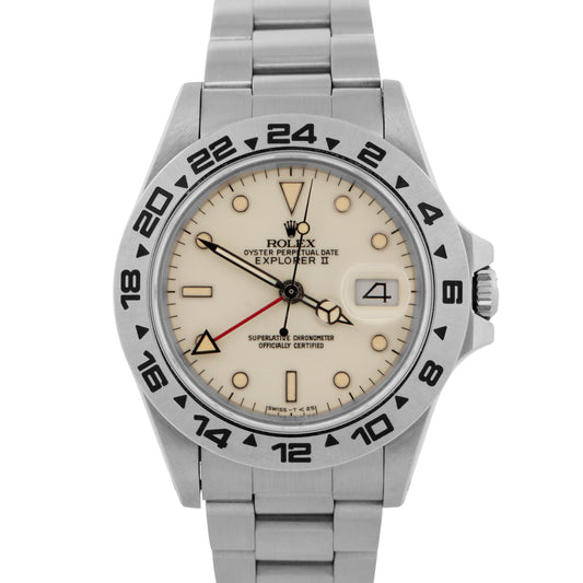 Rolex Explorer II CREAM WHITE PATINA Stainless Steel 40mm 16550 Date GMT Watch