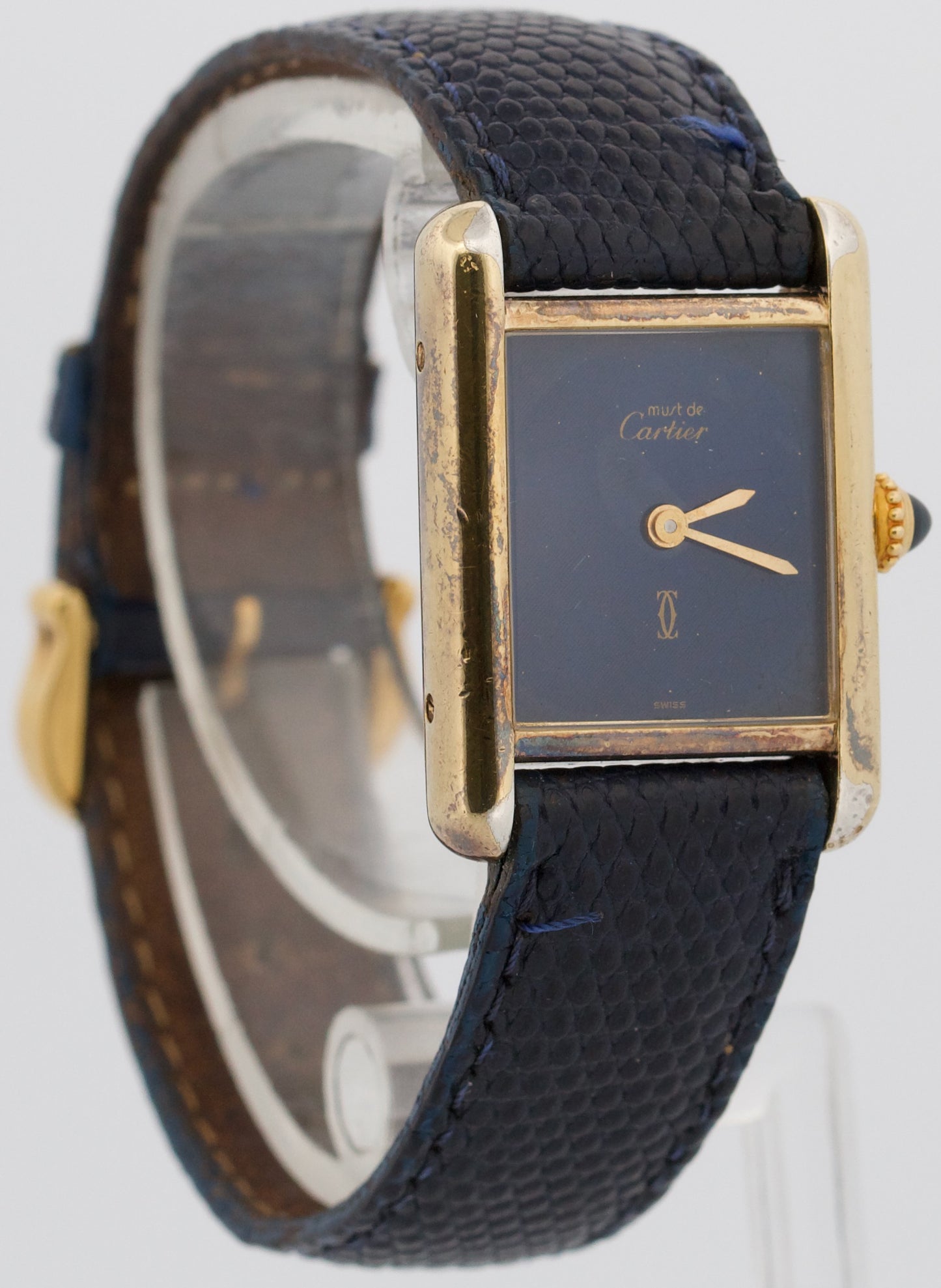 VINTAGE Cartier Tank Argent 925 Sterling Vermeil Gold BLUE MYSTERY DIAL 21mm