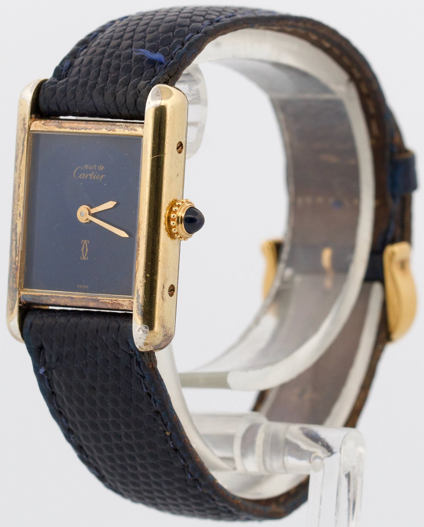 VINTAGE Cartier Tank Argent 925 Sterling Vermeil Gold BLUE MYSTERY DIAL 21mm