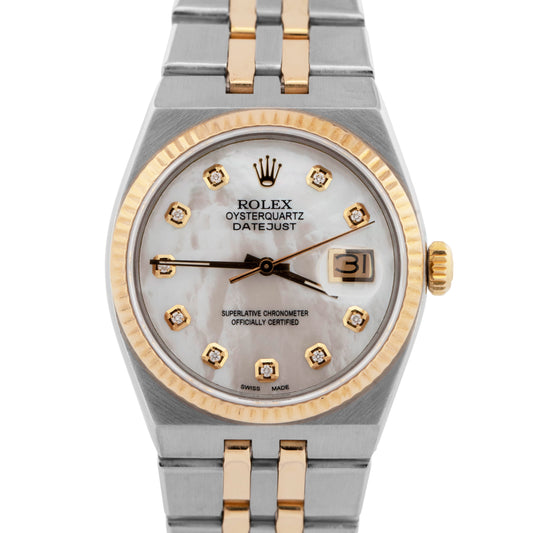 Rolex Oysterquartz DateJust 36mm MOP DIAMOND Two-Tone 18K Gold Steel Watch 17013