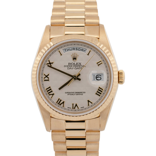 PAPERS Rolex Day-Date President 36mm Ivory Pyramid Yellow Gold Watch 18238 BOX