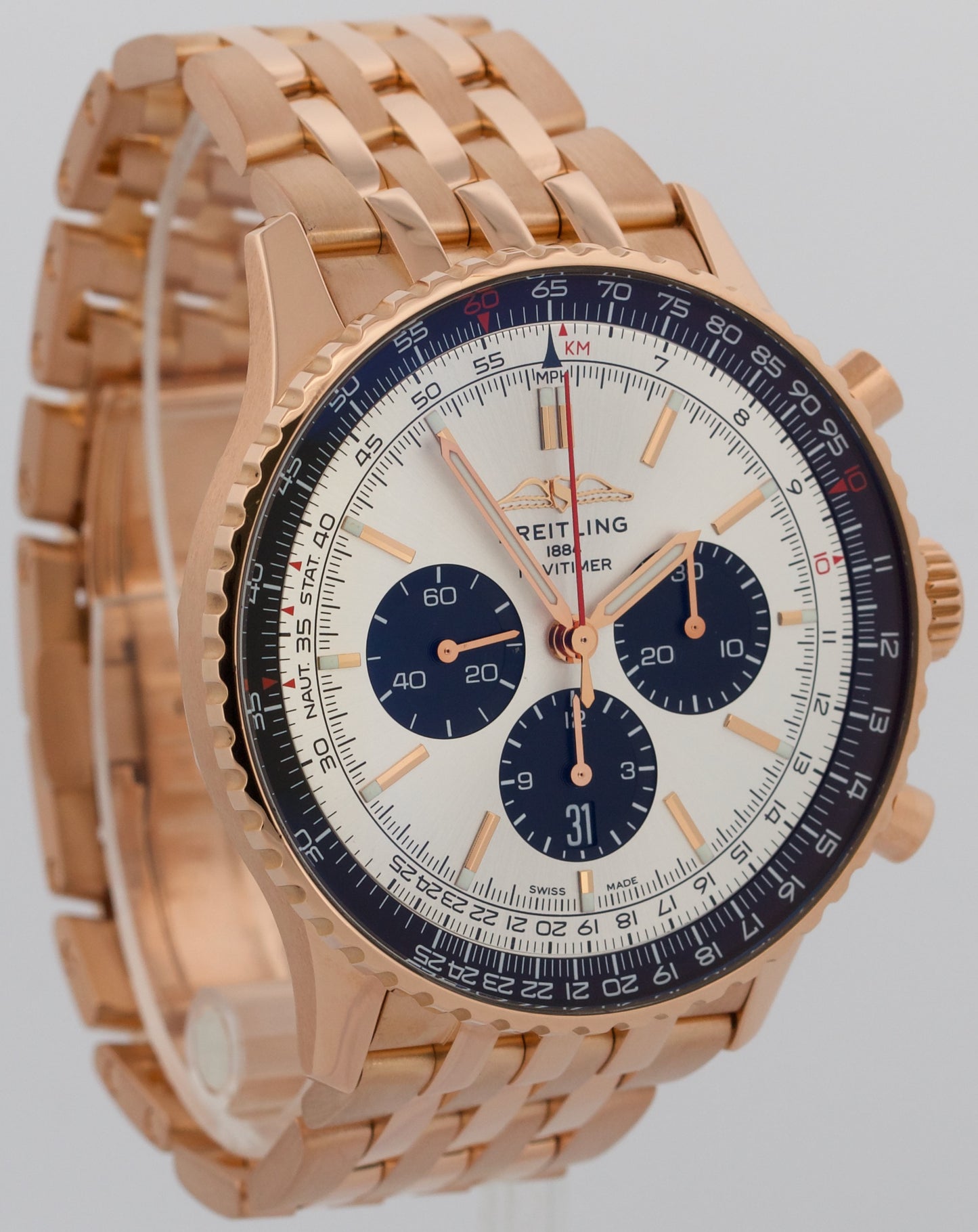 Breitling Navitimer B01 Chronograph SILVER 18K Rose Gold RB0137 46mm Watch BOX