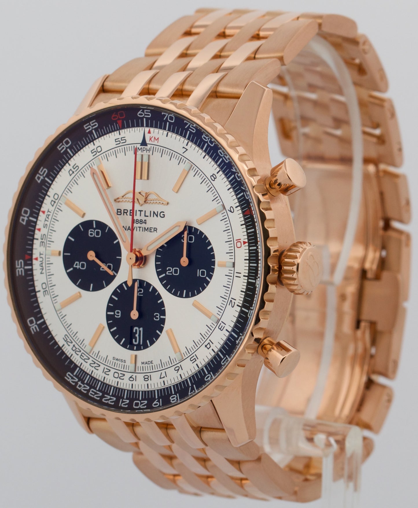 Breitling Navitimer B01 Chronograph SILVER 18K Rose Gold RB0137 46mm Watch BOX