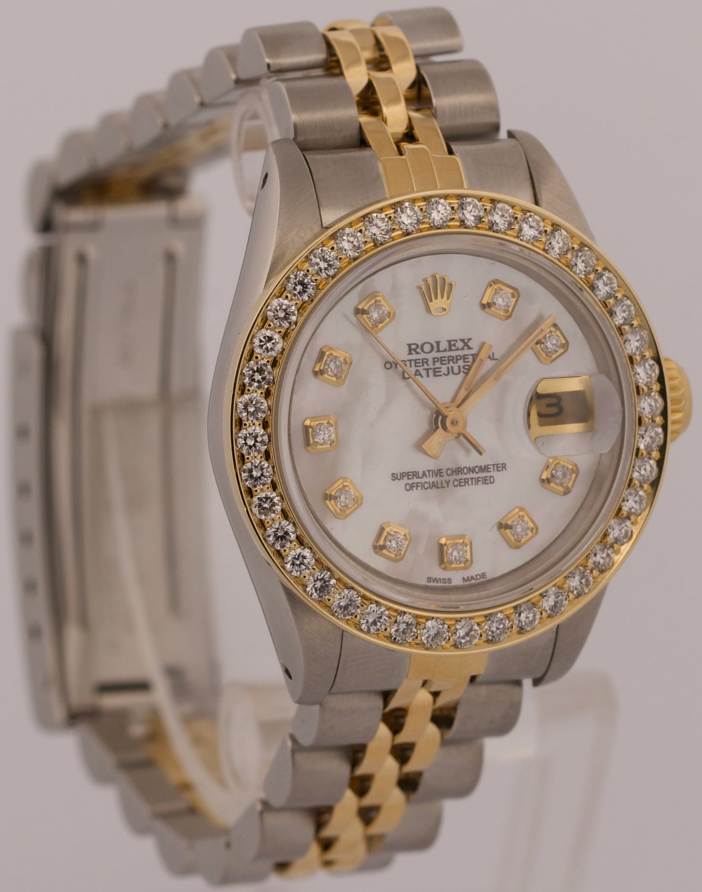 Ladies Rolex DateJust 26mm MOP DIAMOND BEZEL 18K Gold Steel JUBILEE 69173 BOX