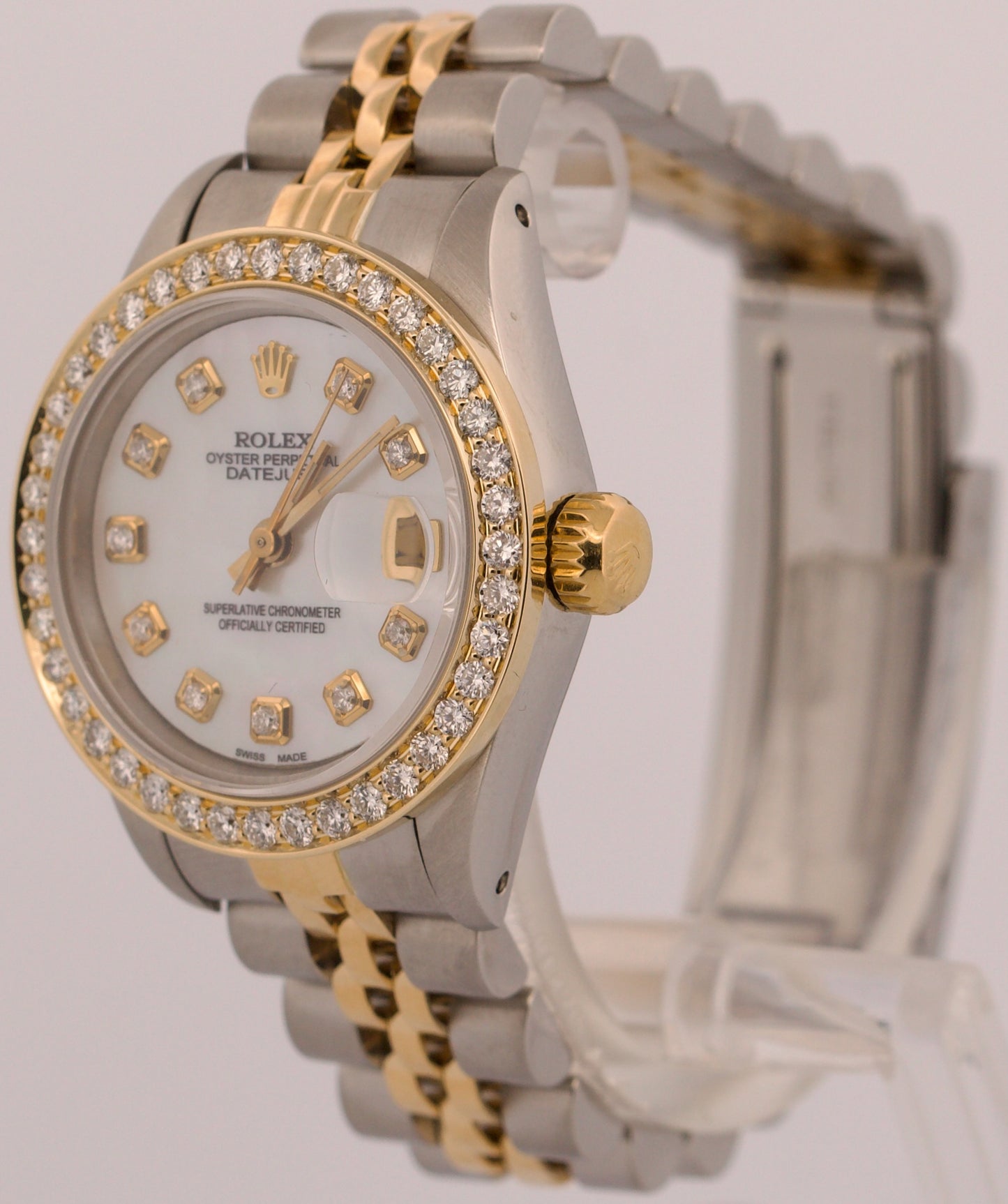 Ladies Rolex DateJust 26mm MOP DIAMOND BEZEL 18K Gold Steel JUBILEE 69173 BOX