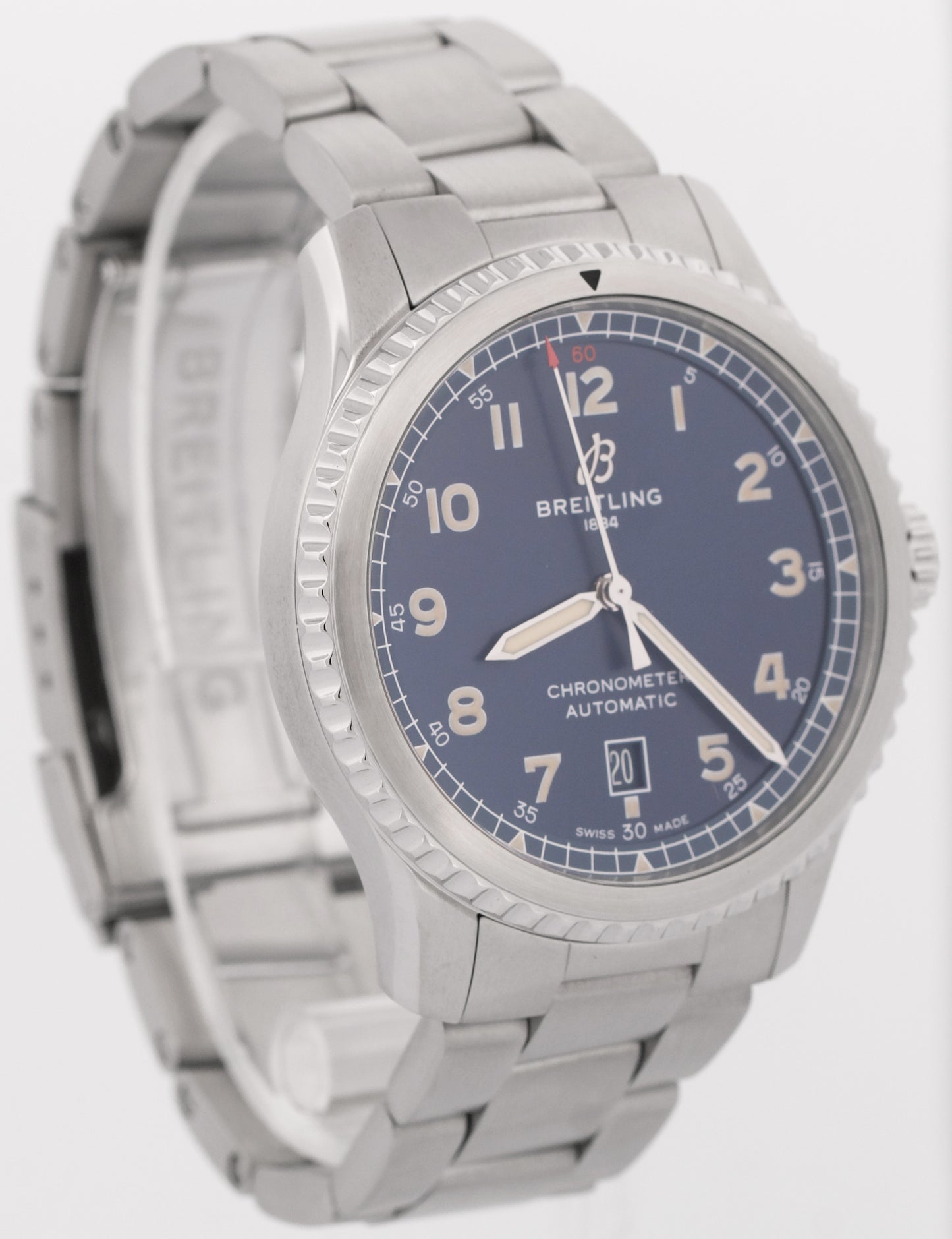 MINT 2022 PAPERS Breitling Aviator 8 BLUE Arabic Automatic Date Watch A17315 BOX