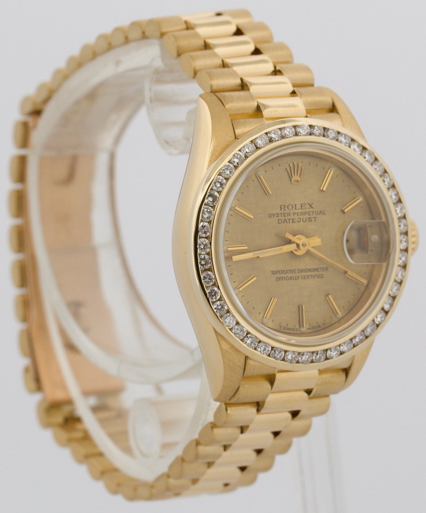 Rolex DateJust President CHAMPAGNE LINEN 18K Yellow Gold DIAMOND 26mm 69178