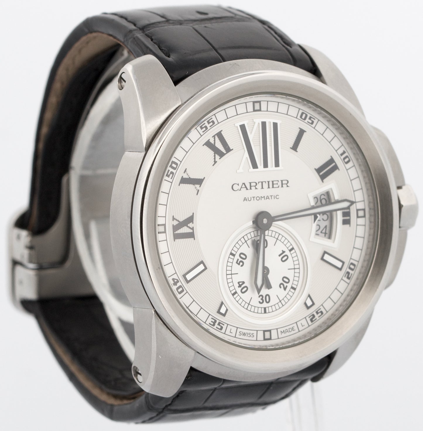 Men's Cartier Calibre SILVER ROMAN 42mm Steel Leather Date Watch 3389 / W7100037