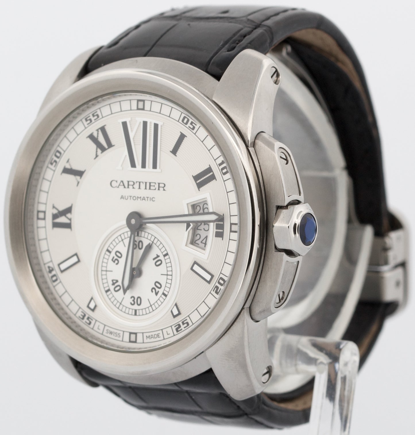 Men's Cartier Calibre SILVER ROMAN 42mm Steel Leather Date Watch 3389 / W7100037