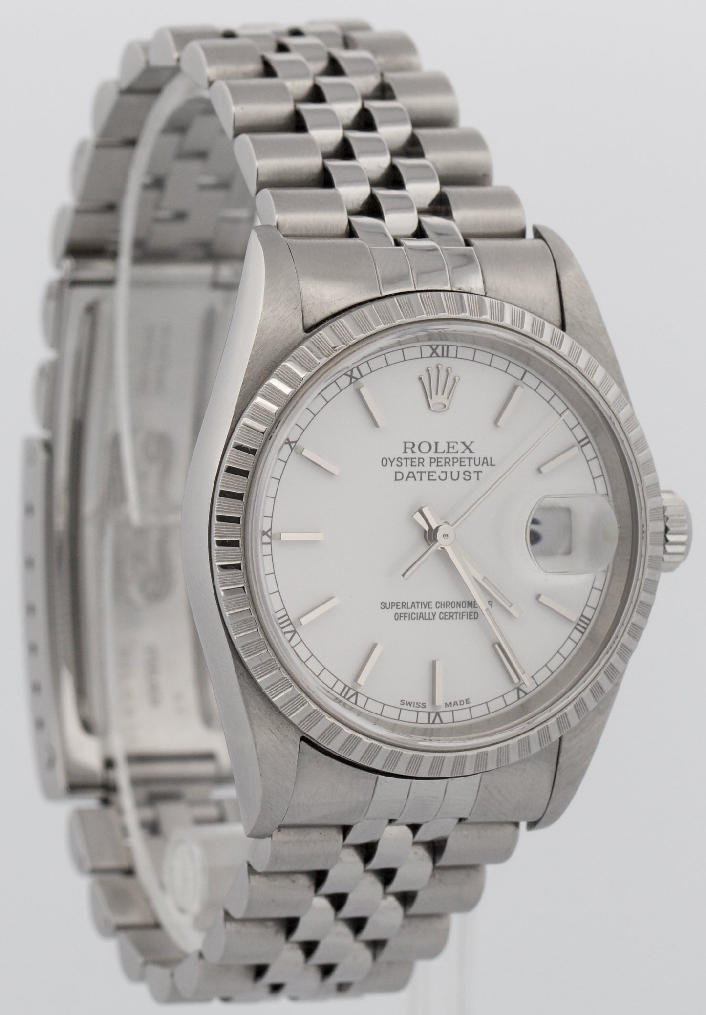PAPERS Rolex DateJust WHITE 36mm Stainless Steel Engine-Turned JUBILEE 16220 BOX